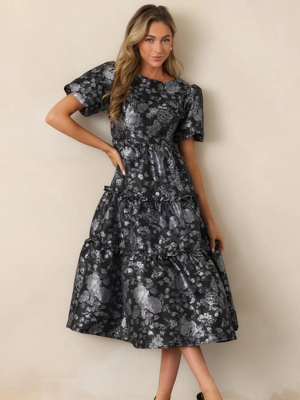 Red Dress Boutique Black Metallic Floral Tiered Midi